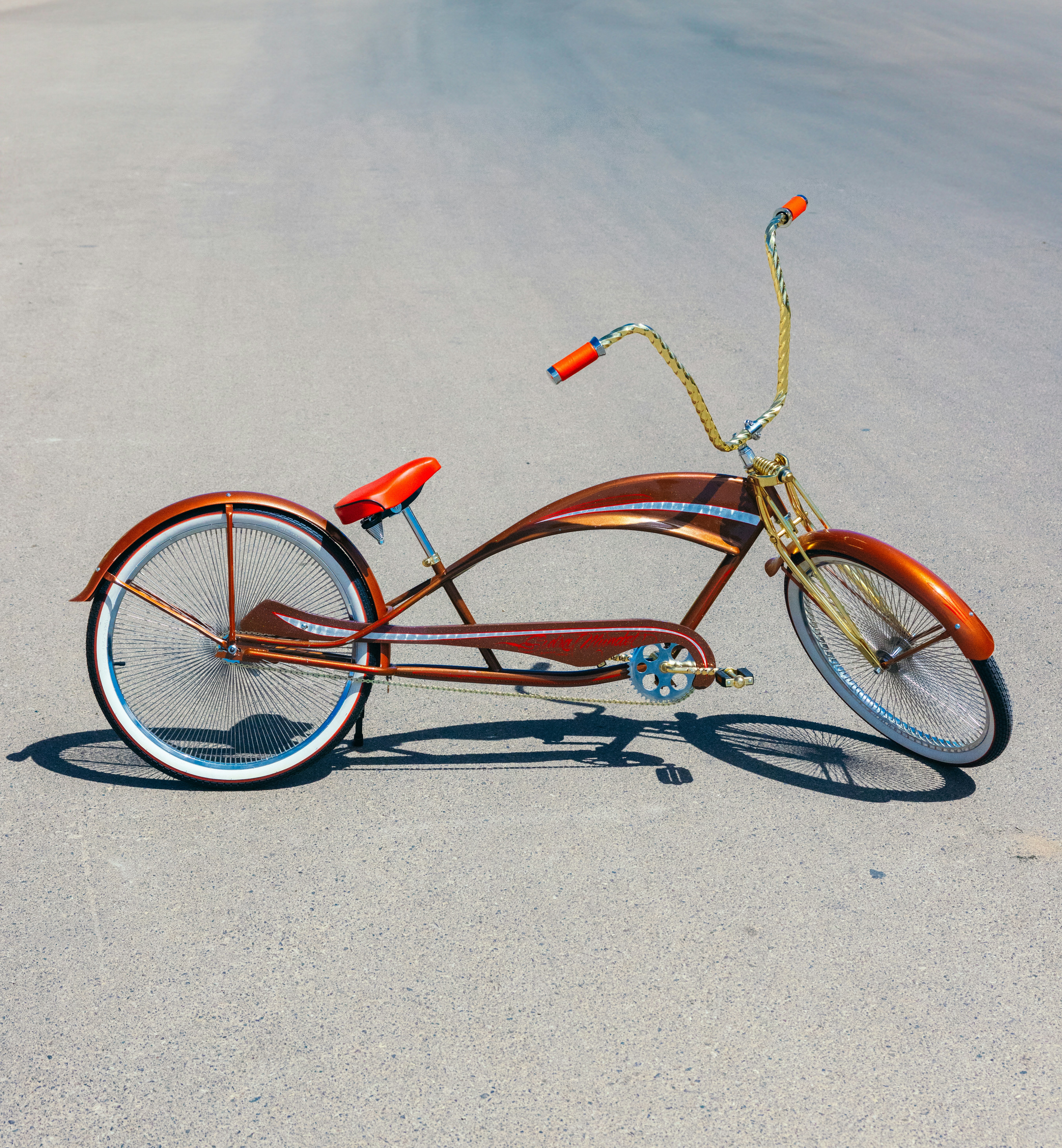 A bike that is sitting in the middle of the road