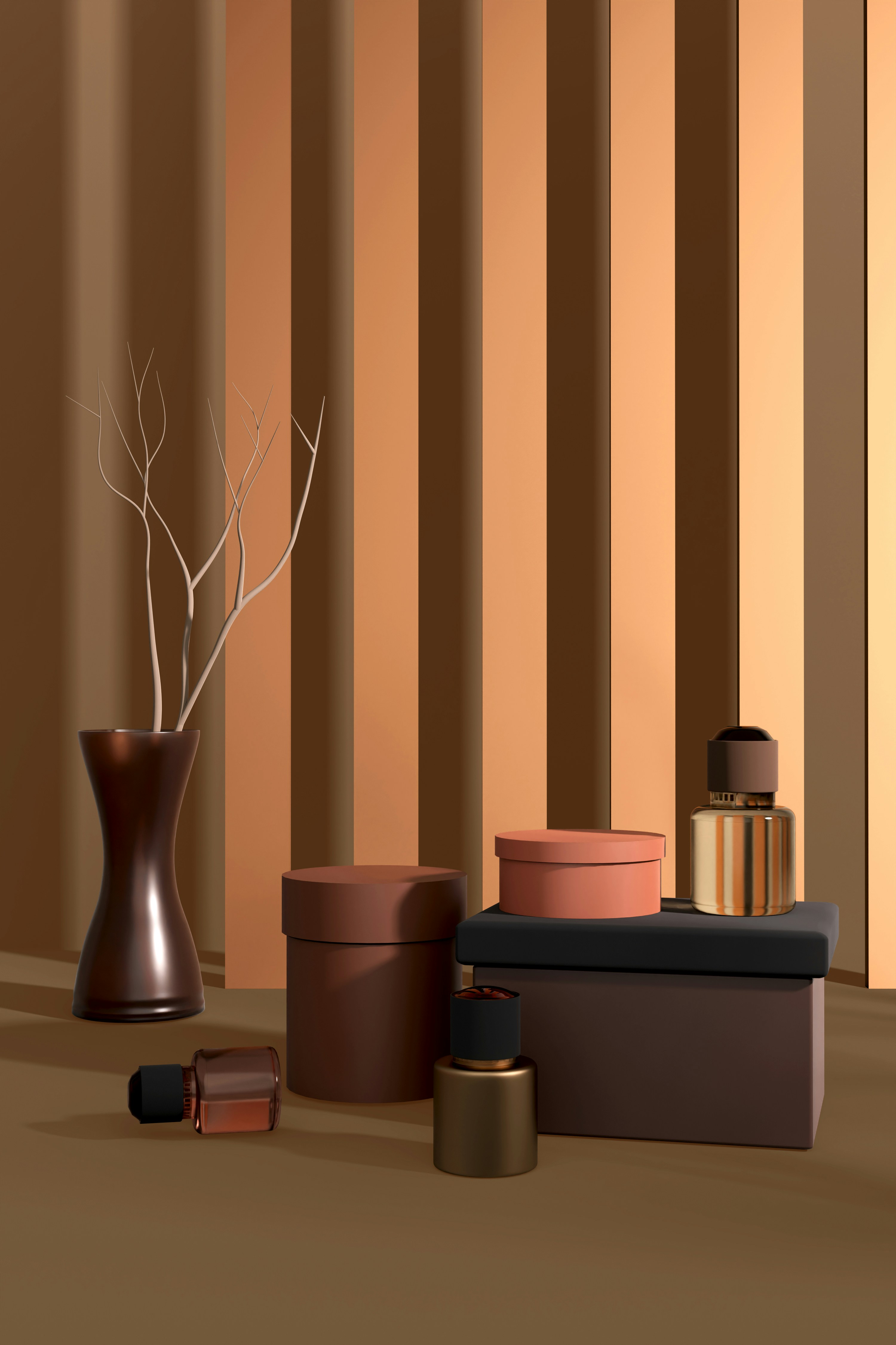 A room with a vase and other items on the floor