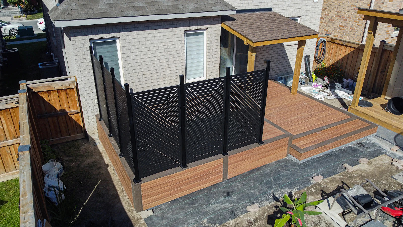 A close-up view of deck framing and decking boards