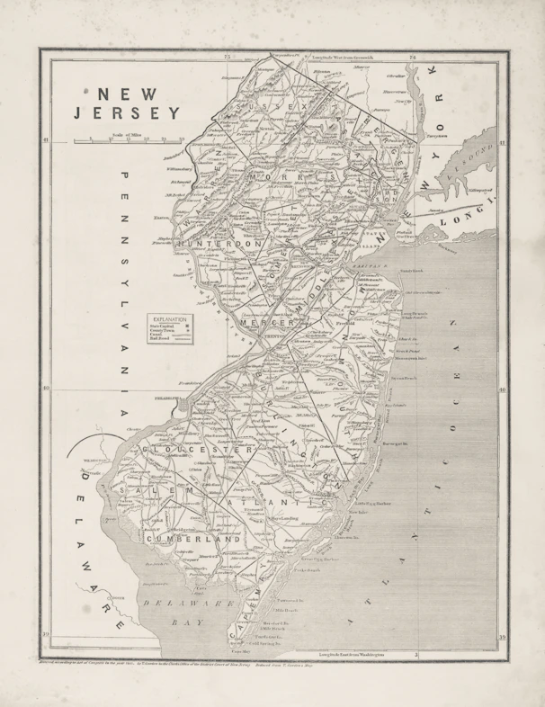 Antique map of new jersey with roads and cities