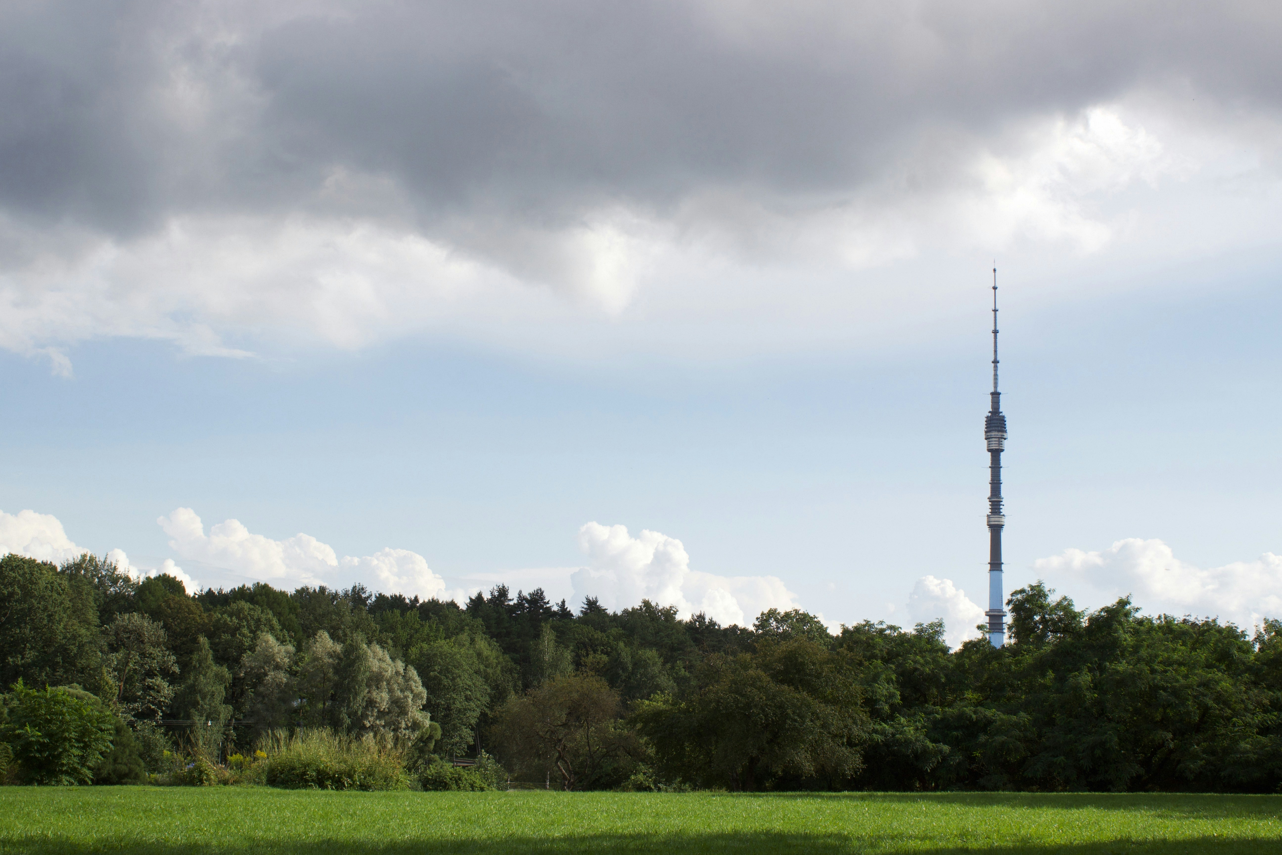 A green field with a tower in the background