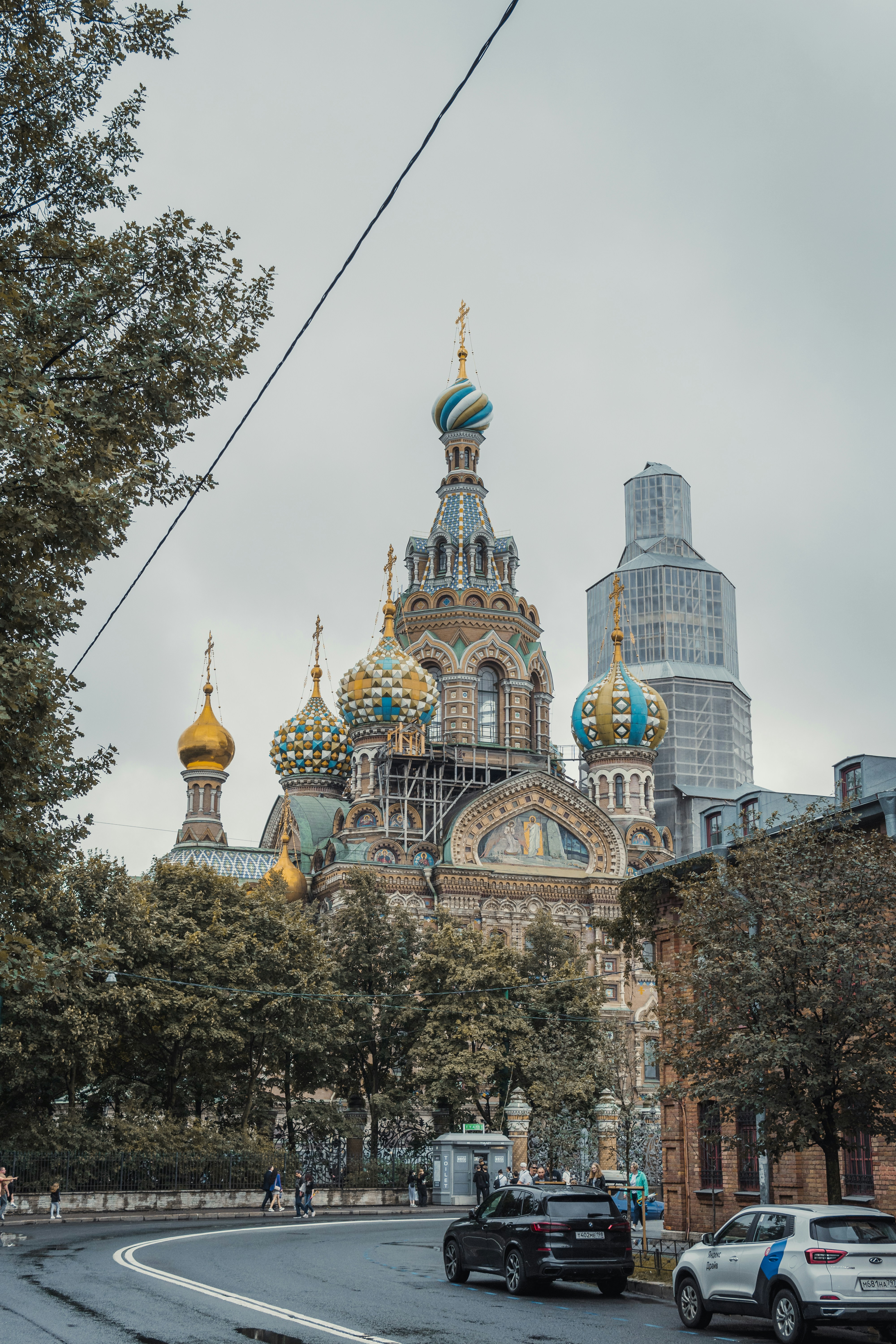 A city street with a church in the background