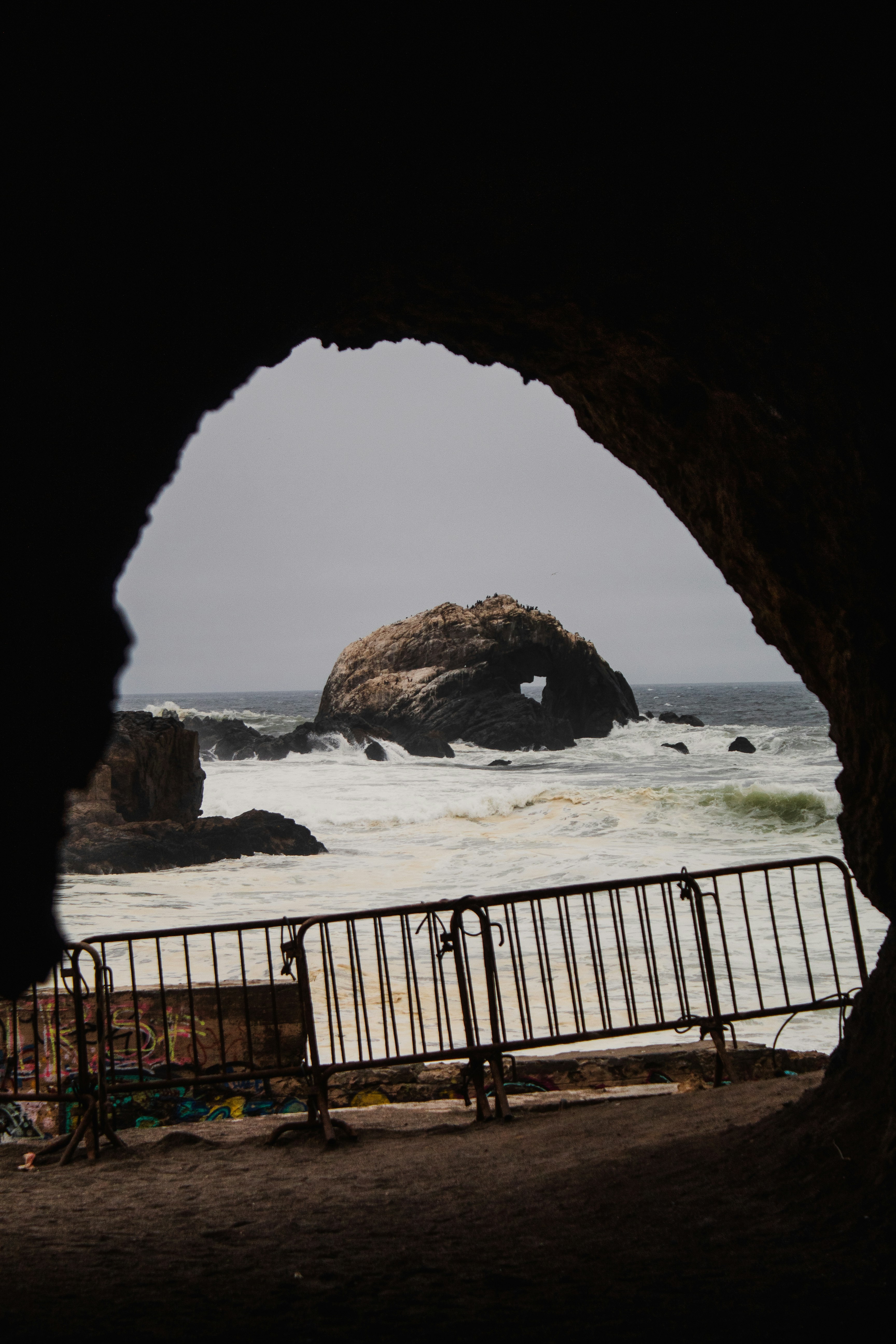 A view of the ocean from inside a cave