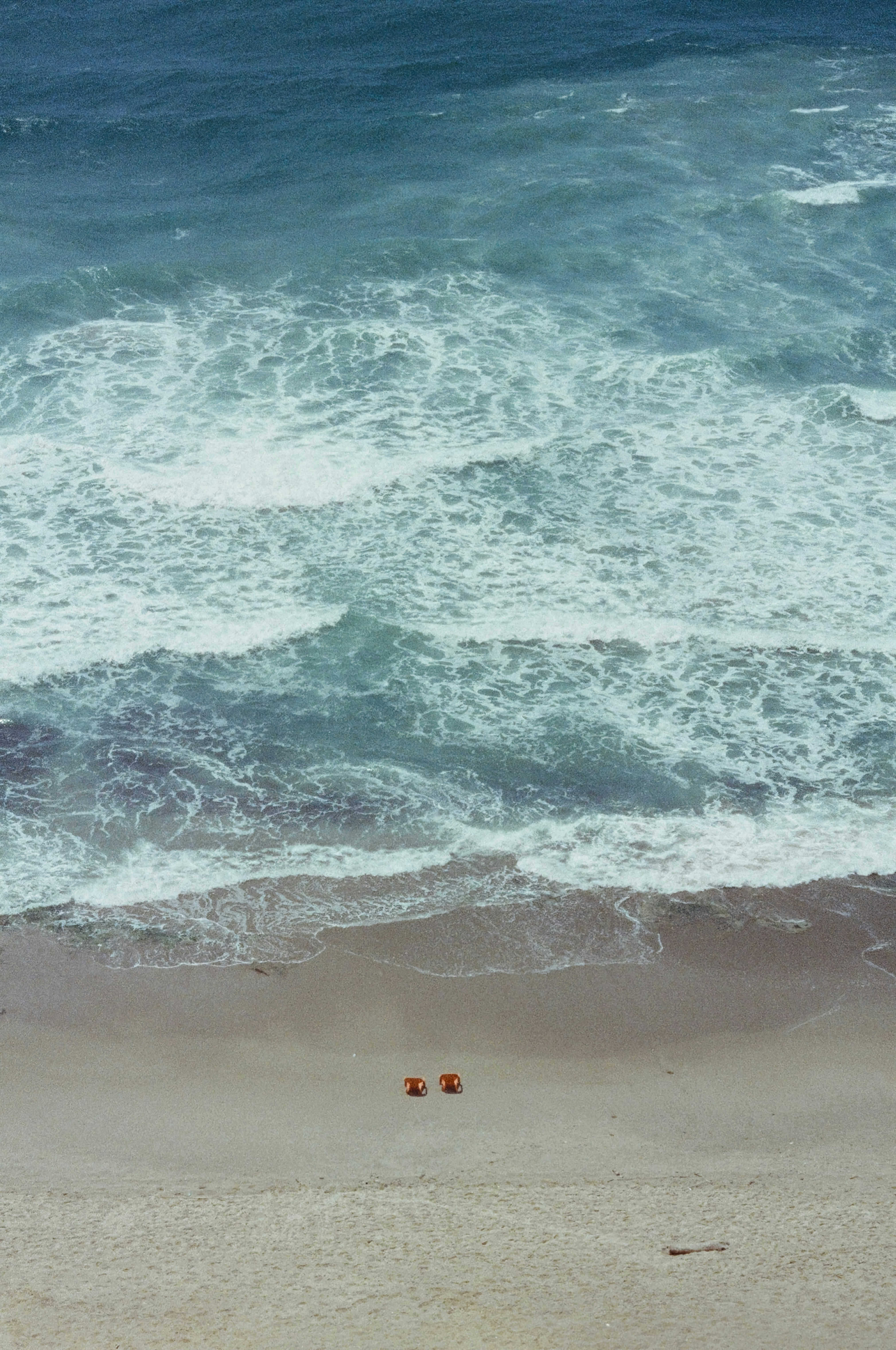 A couple of people standing on top of a sandy beach