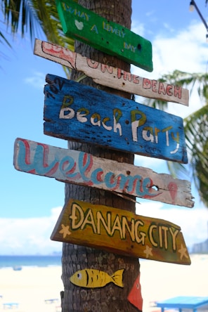 A palm tree with a bunch of signs on it