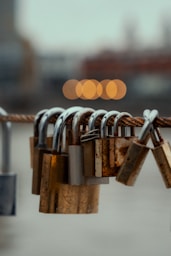 A bunch of padlocks hanging from a rope