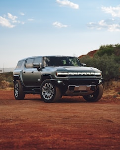 A silver truck parked on a dirt road
