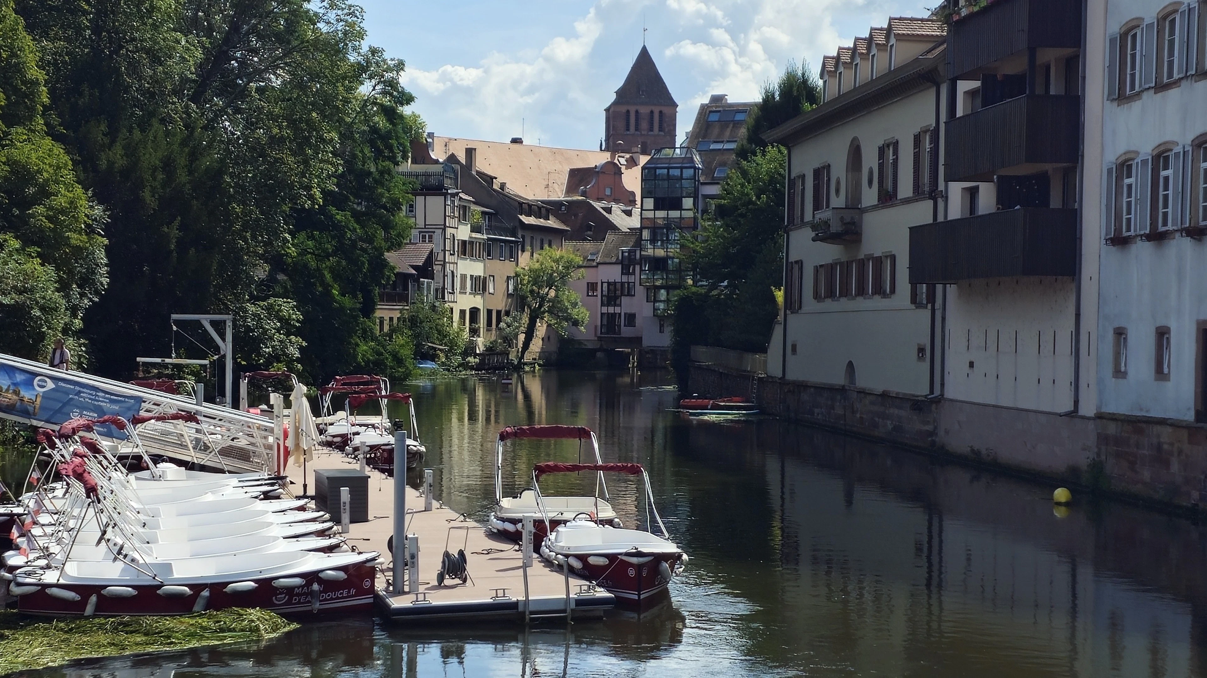 Pedal boats moored on a tree-lined Strasbourg canal, the cathedral's spire visible above the rooftops.