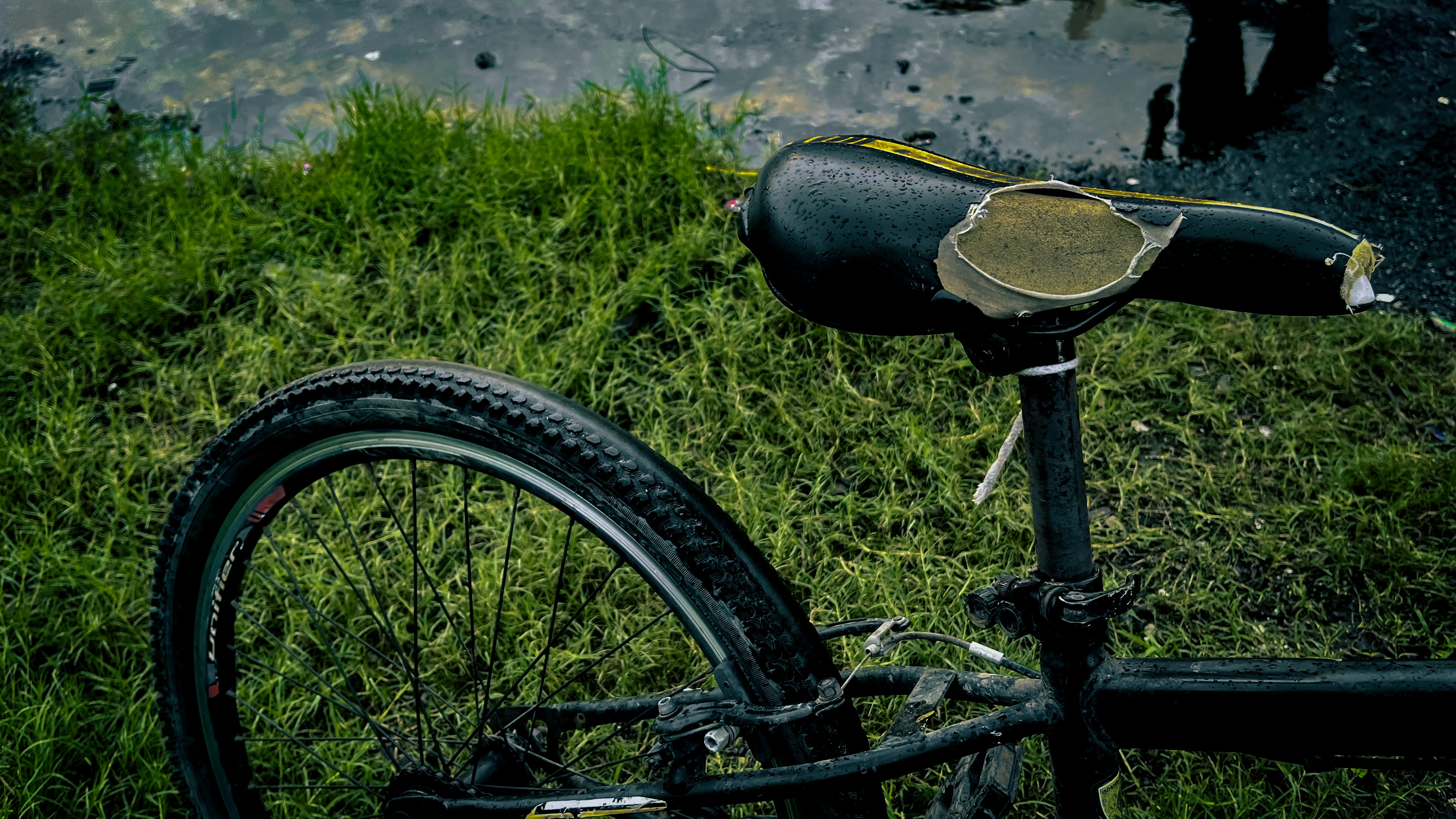A bicycle parked next to a body of water