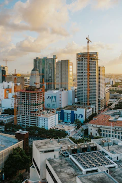 A view of a city with tall buildings