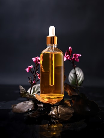 A bottle of oil sitting on top of a table