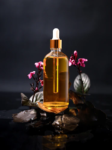 A bottle of oil sitting on top of a table