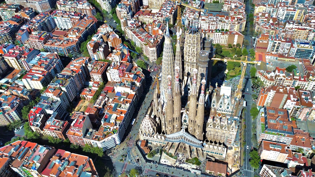An aerial view of a city with tall buildings