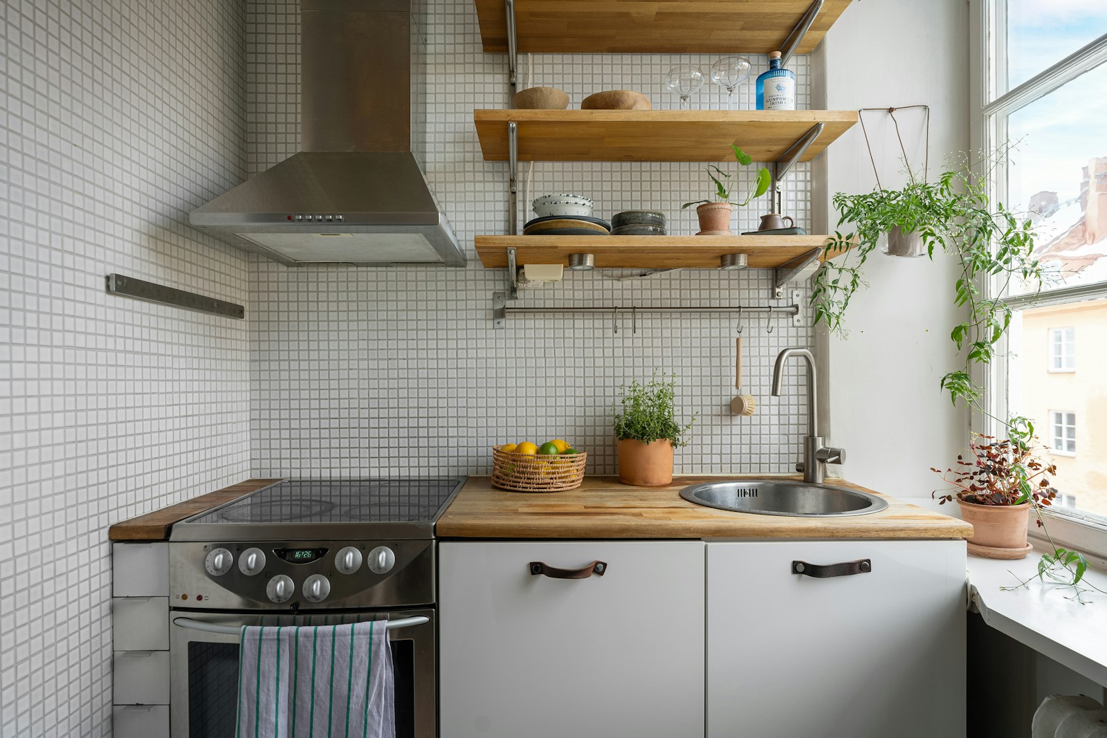 small apartment kitchen with open wooden shelves, plants, and tile backsplash