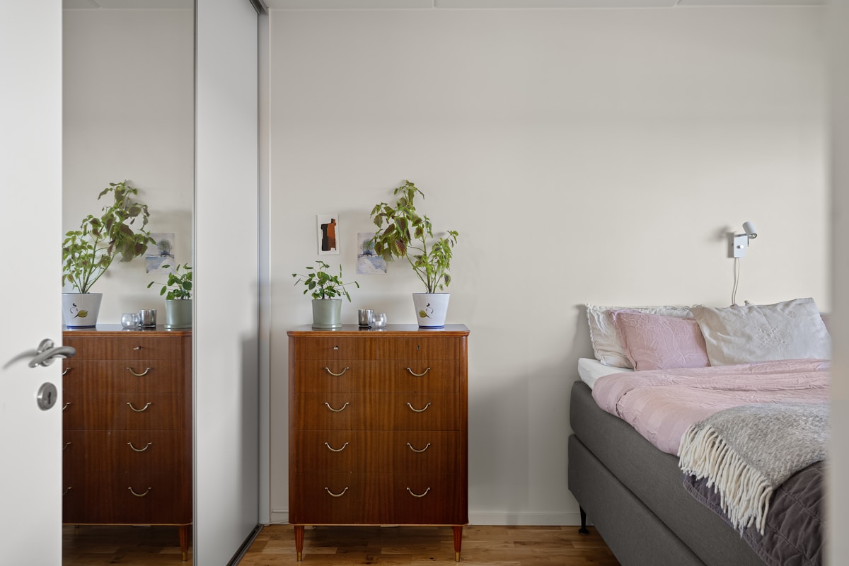 Small apartment bedroom with a wooden dresser topped with potted plants beside a bed with pink bedding