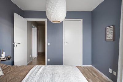 A bed room with a neatly made bed and blue walls