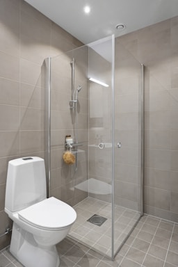 A white toilet sitting next to a walk in shower