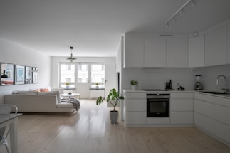 A living room filled with furniture and a kitchen
