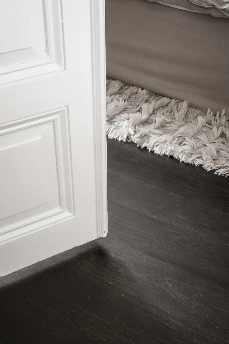Interior door casing and baseboard trim on dark hardwood floor