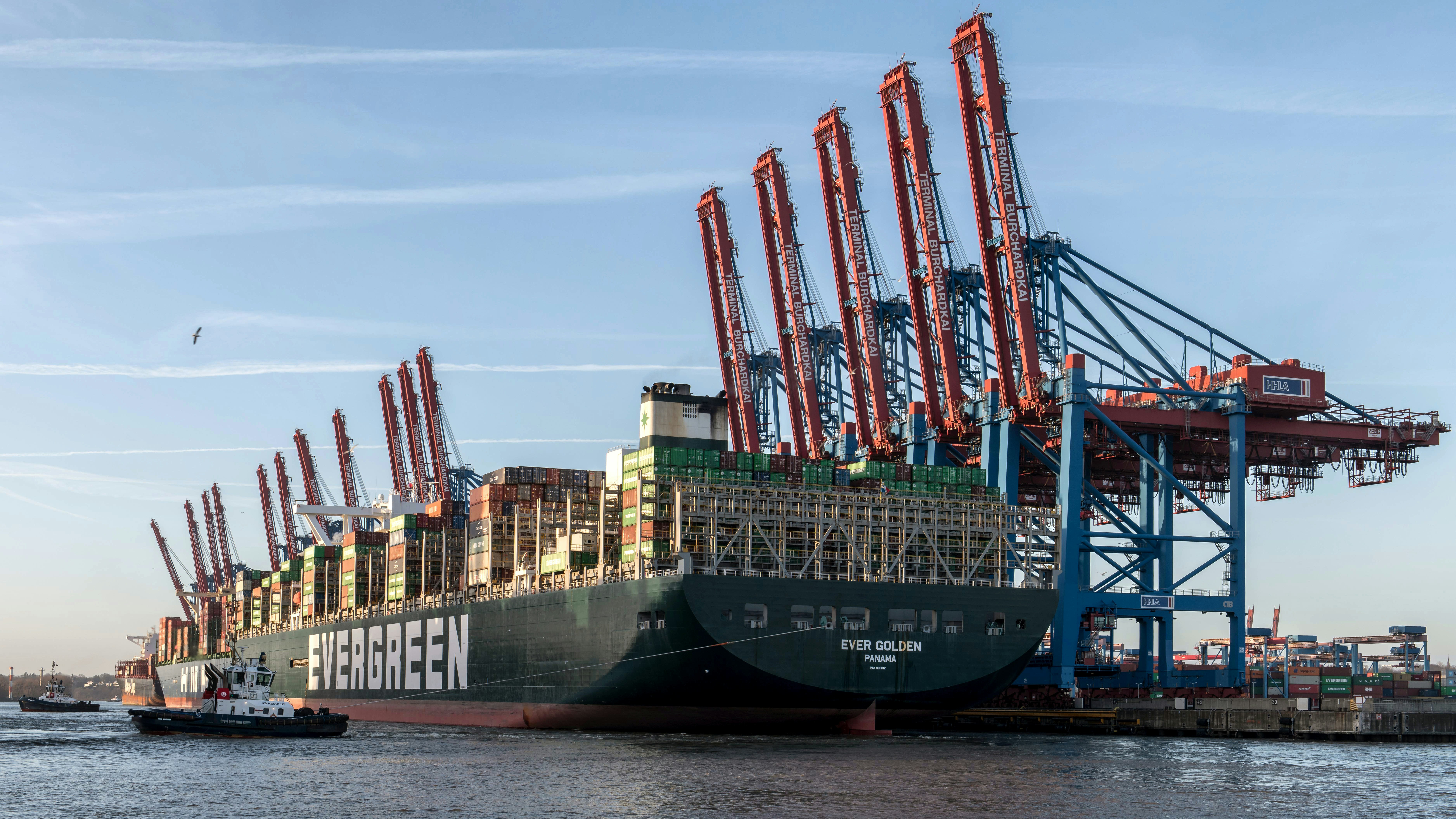 A large cargo ship is docked at a dock
