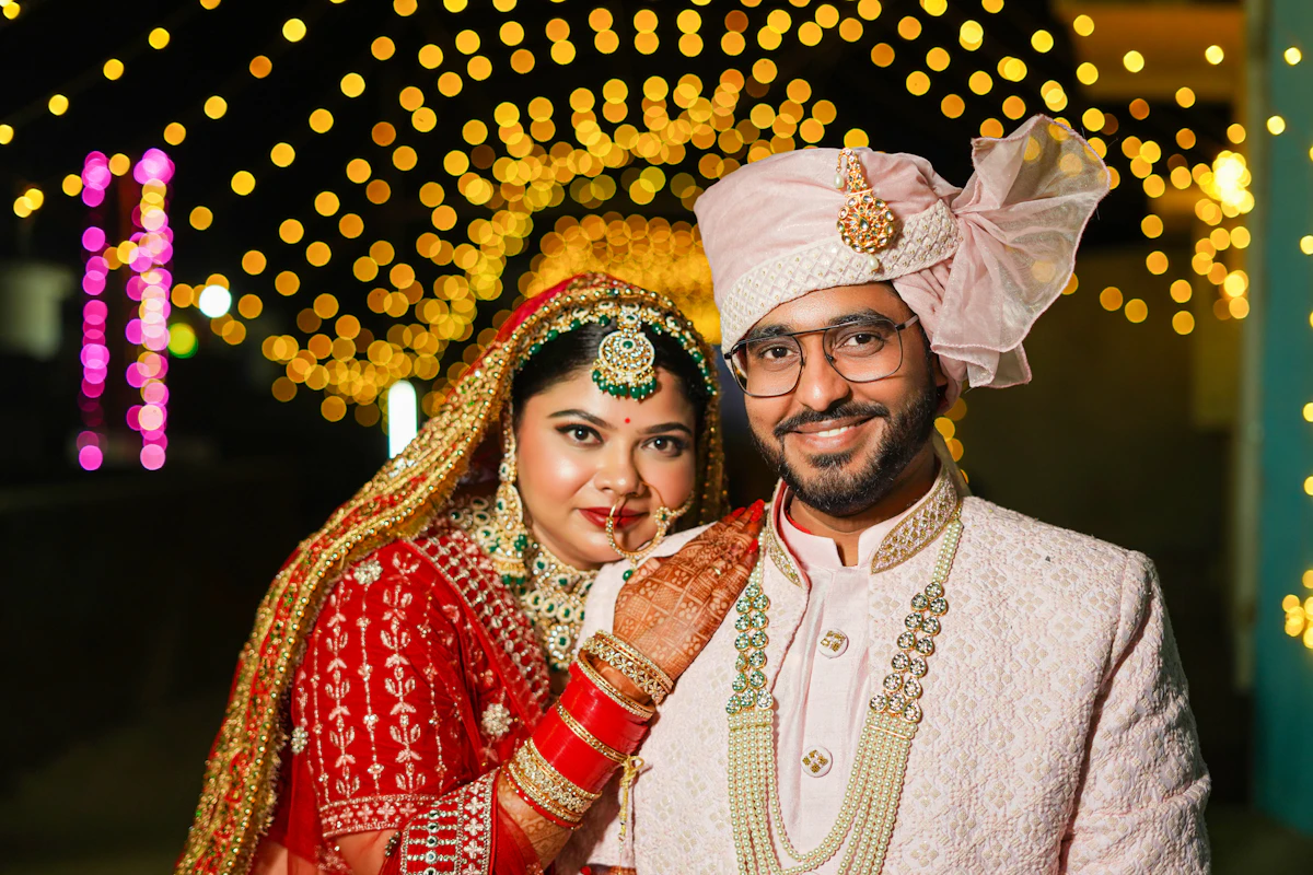 Wedding collection — Indian bride and groom in lehenga and sherwani