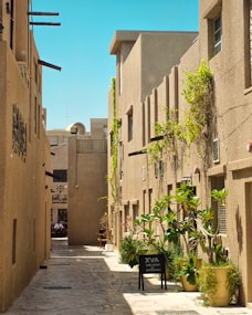 A narrow alley way between two buildings
