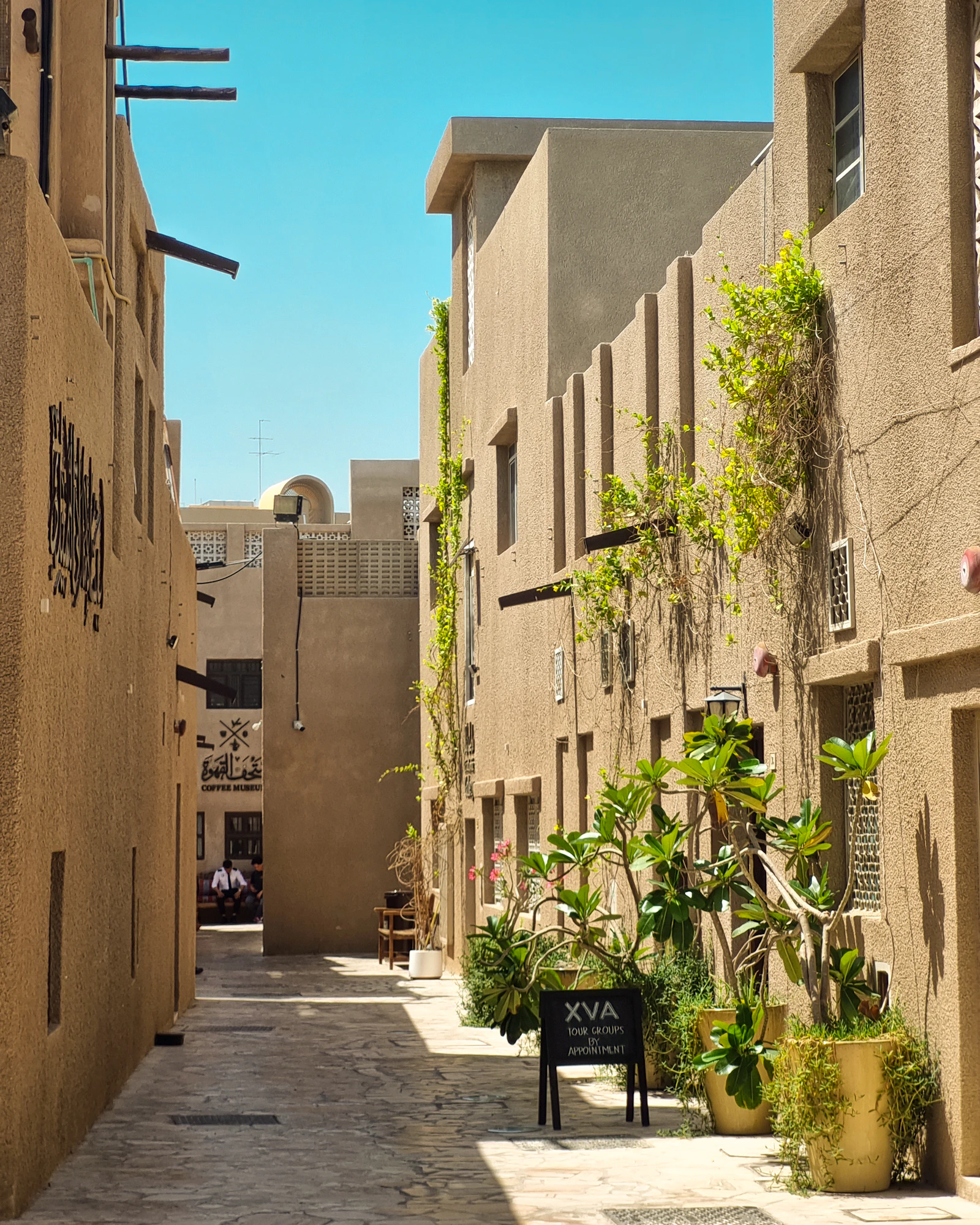Travel photograph: A narrow sunlit lane passes sand-coloured walls and potted plants in Al Fahidi.