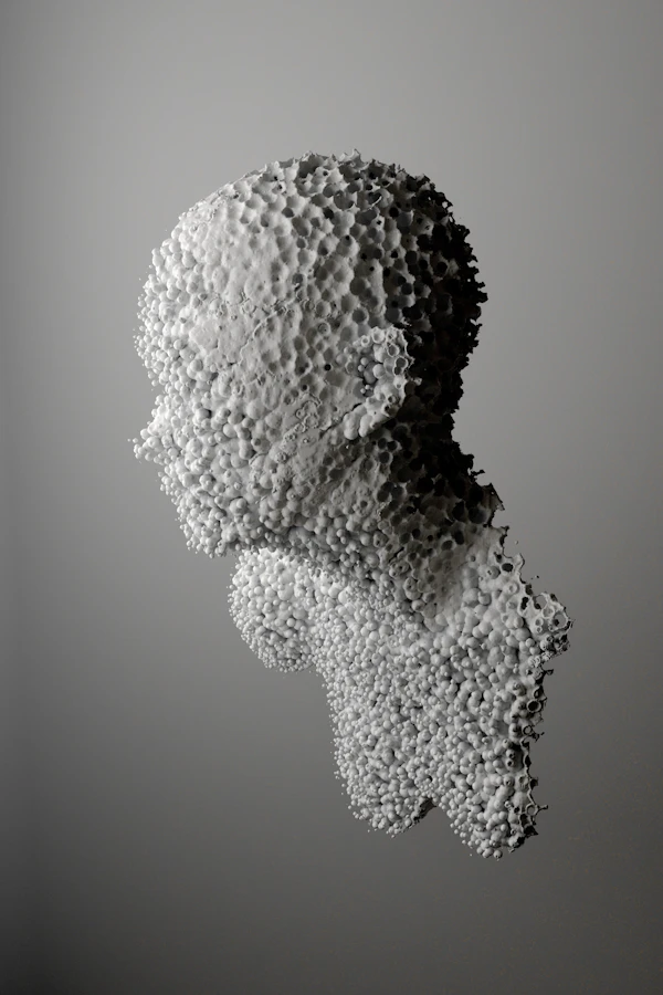 Sculpted porous white head in profile
