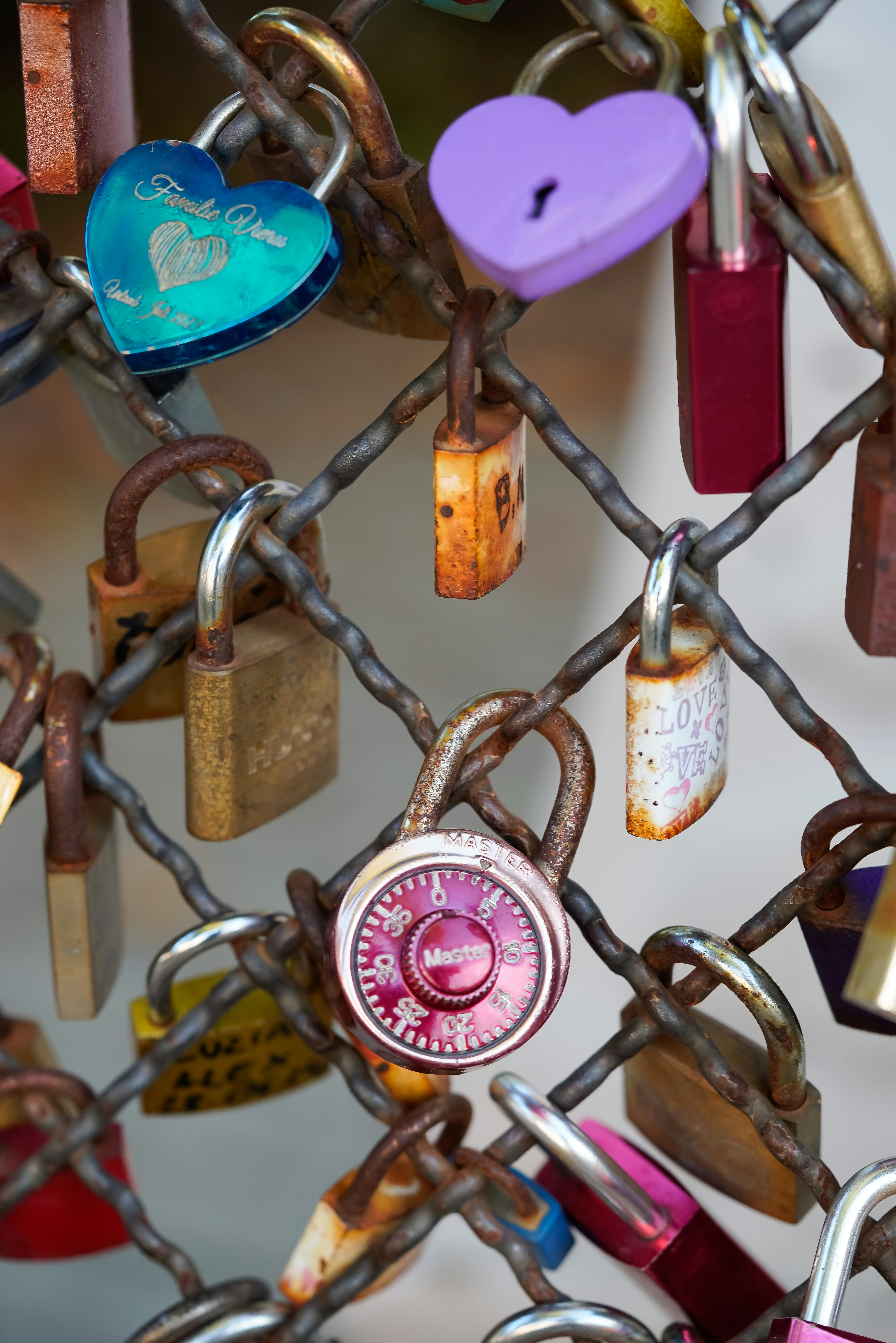 A bunch of padlocks attached to a chain link fence photo – Free ...
