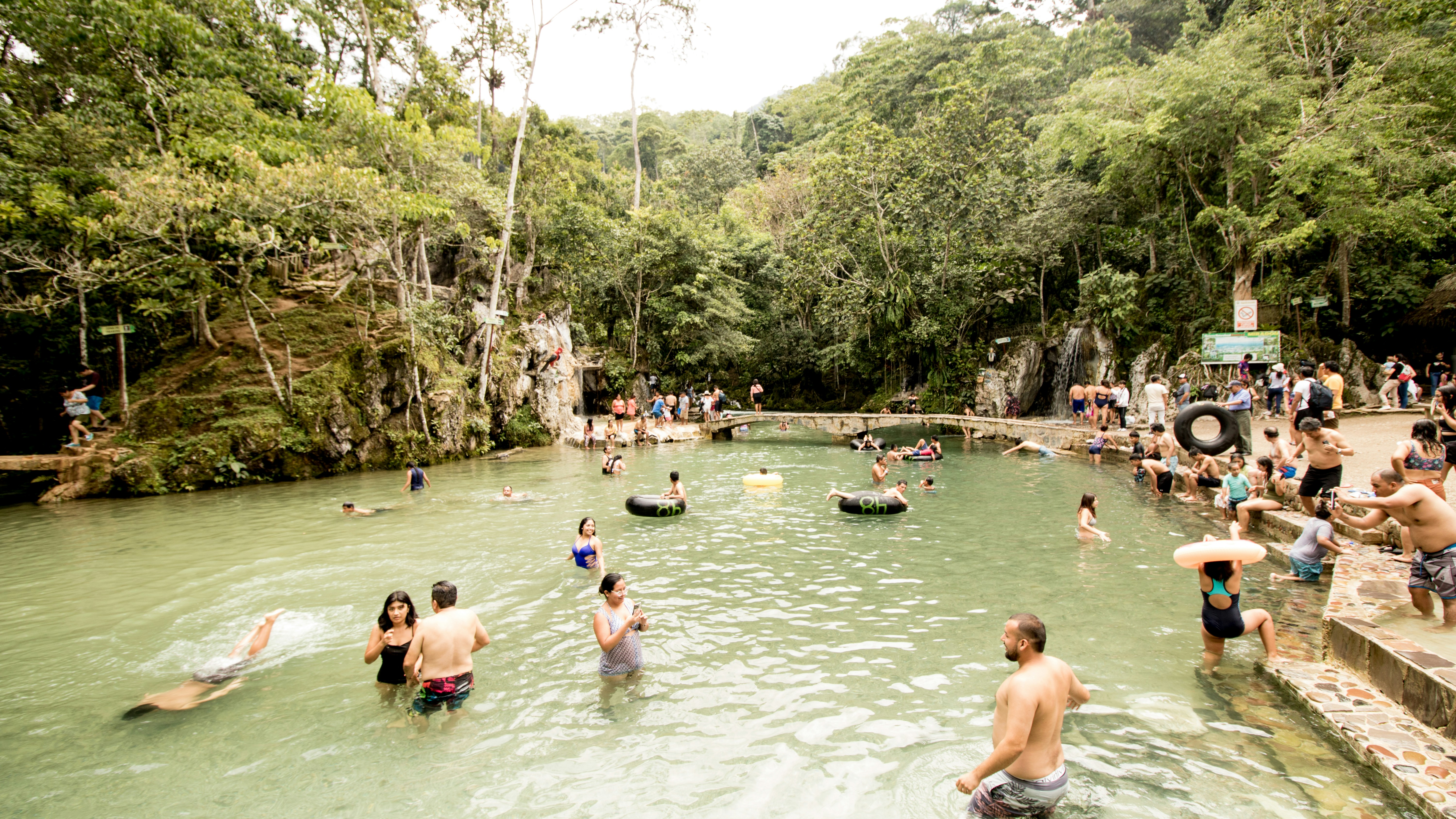 A group of people are swimming in a river