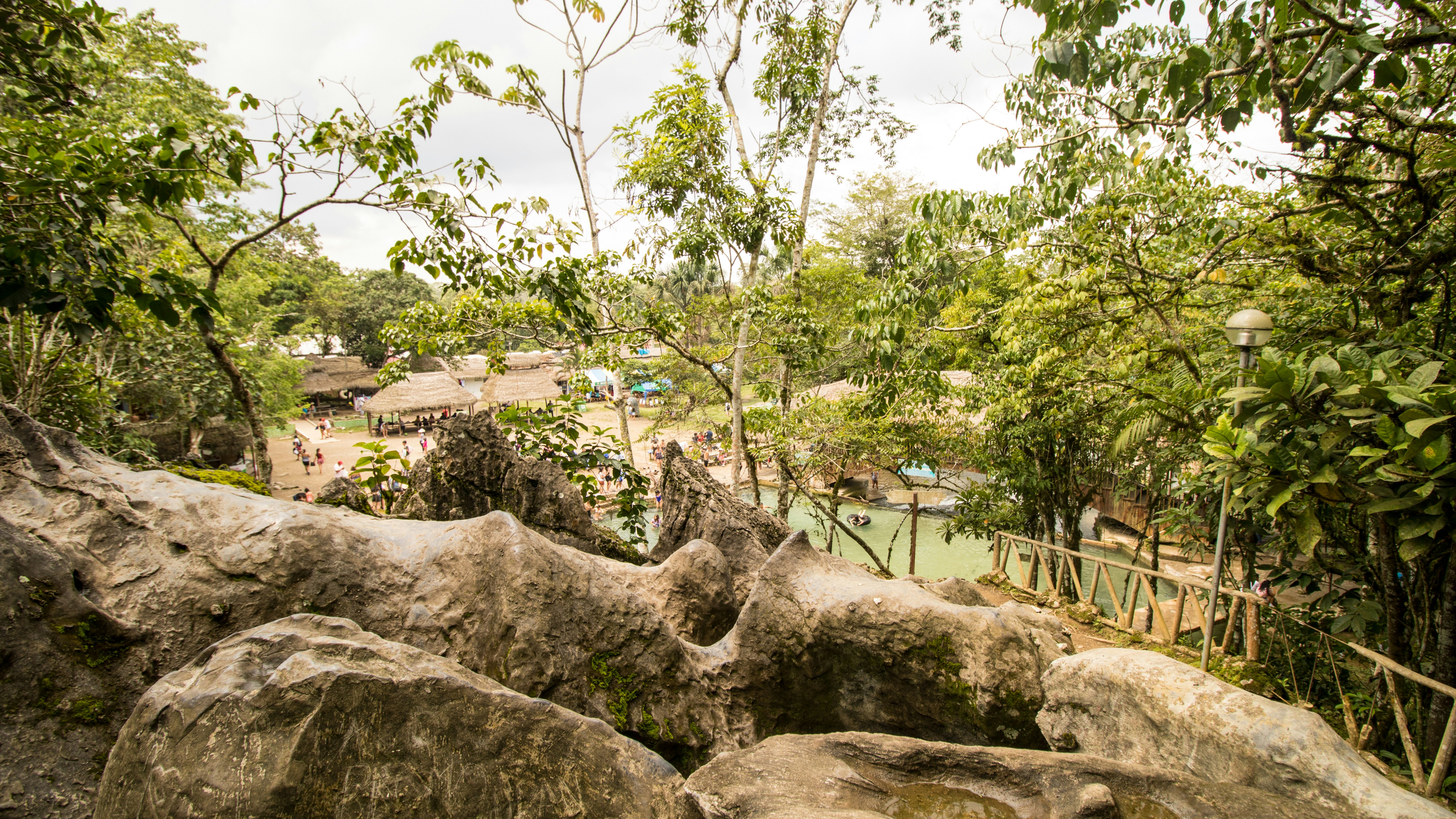 A view of a park with rocks and trees