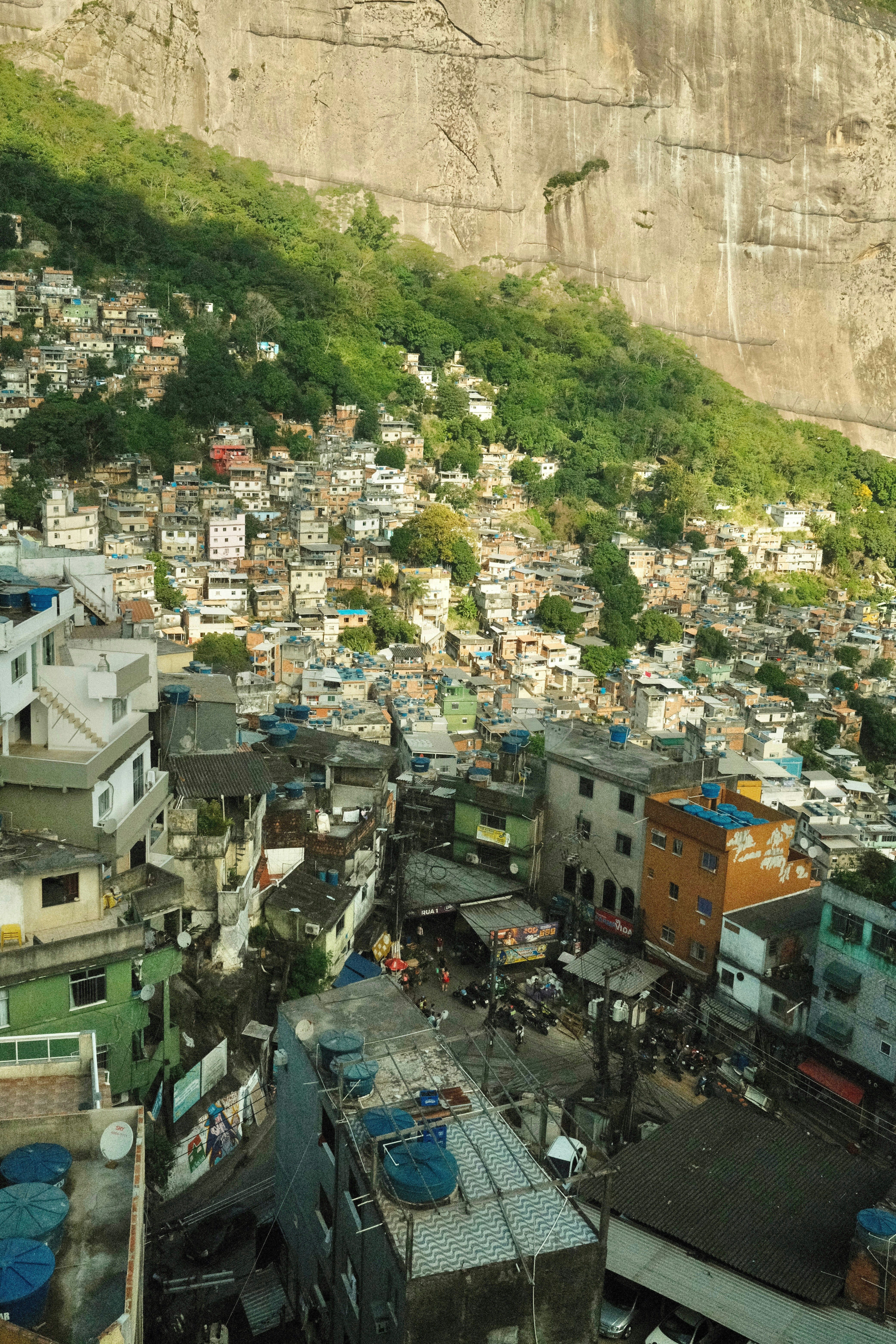 A view of a city with a mountain in the background