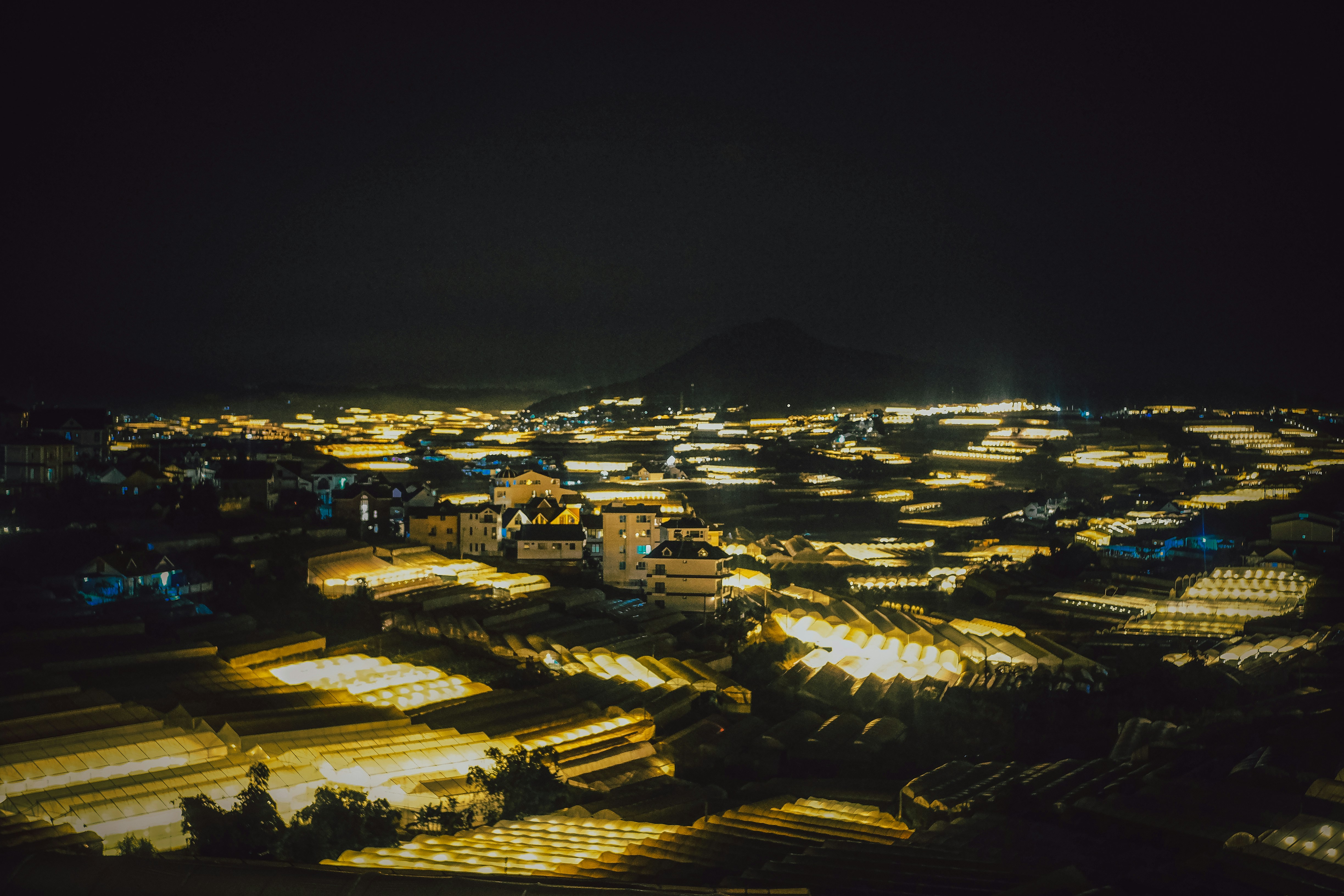 A view of a city at night from the top of a hill