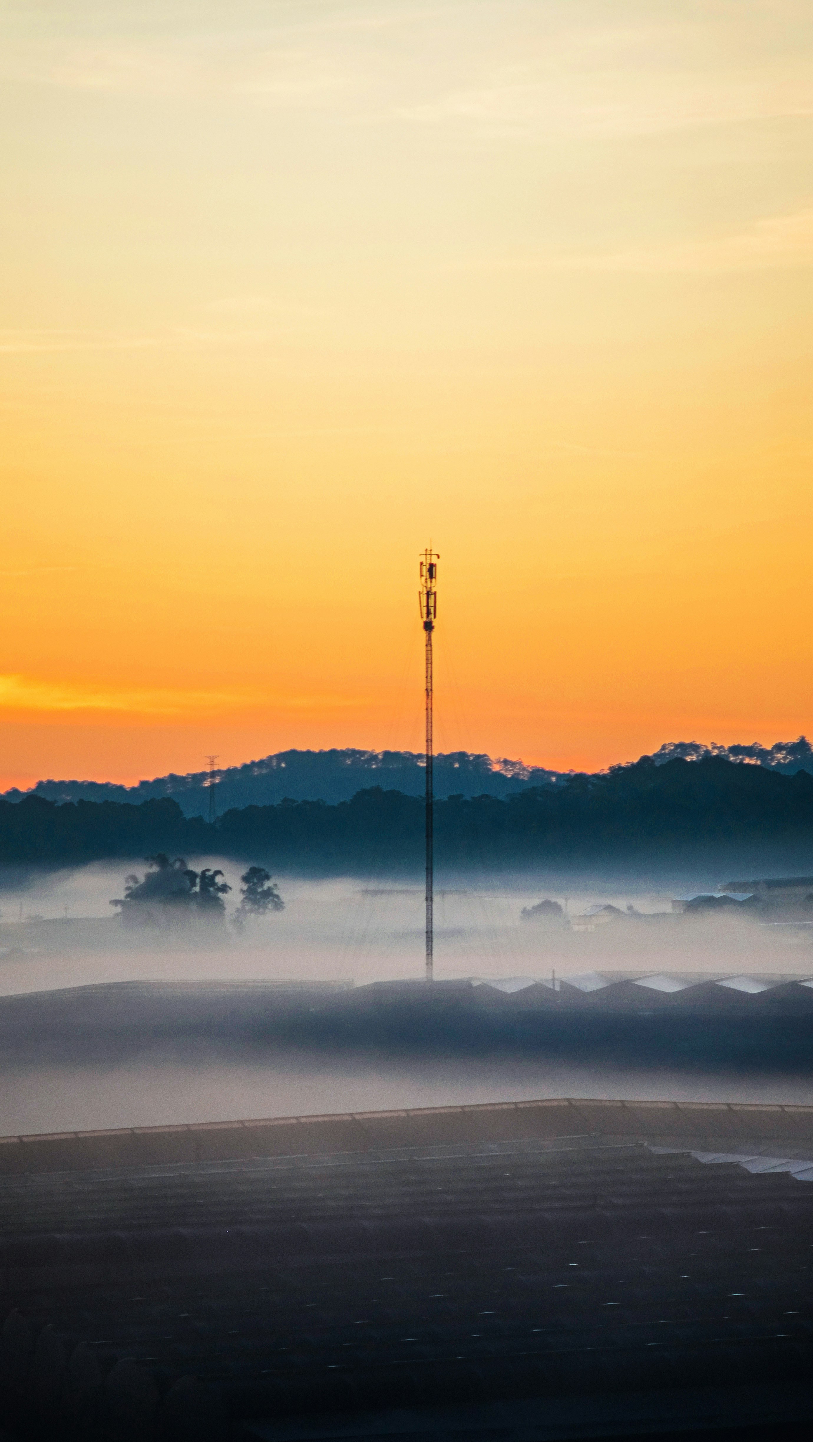A tower in the middle of a foggy field