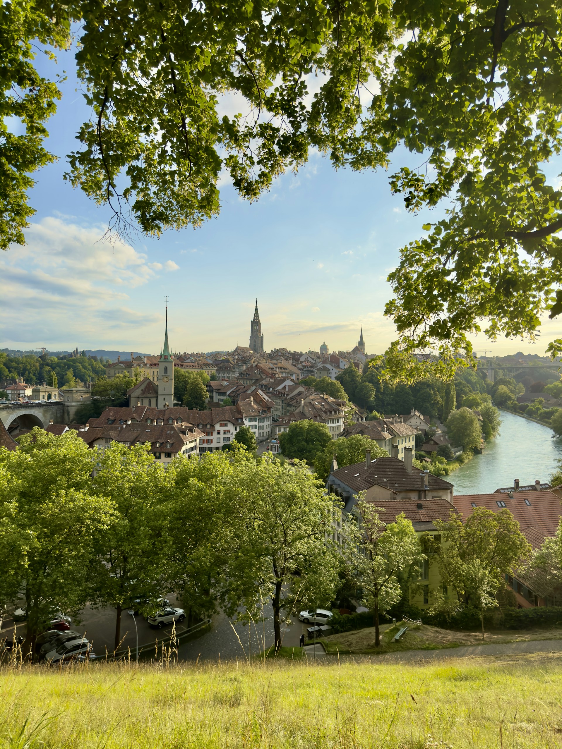 A scenic view of a city with a river running through it