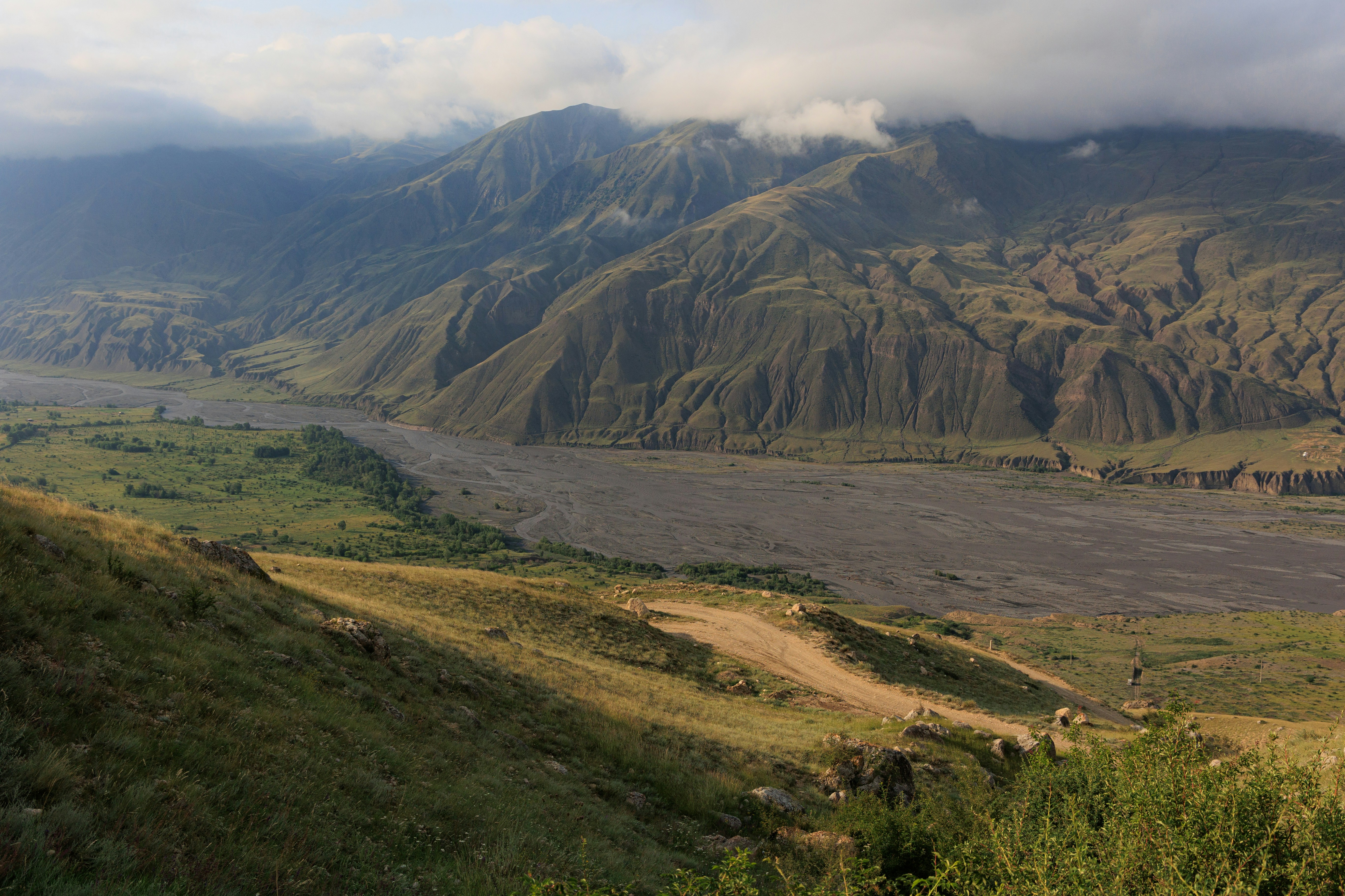 A view of a valley with a mountain in the background