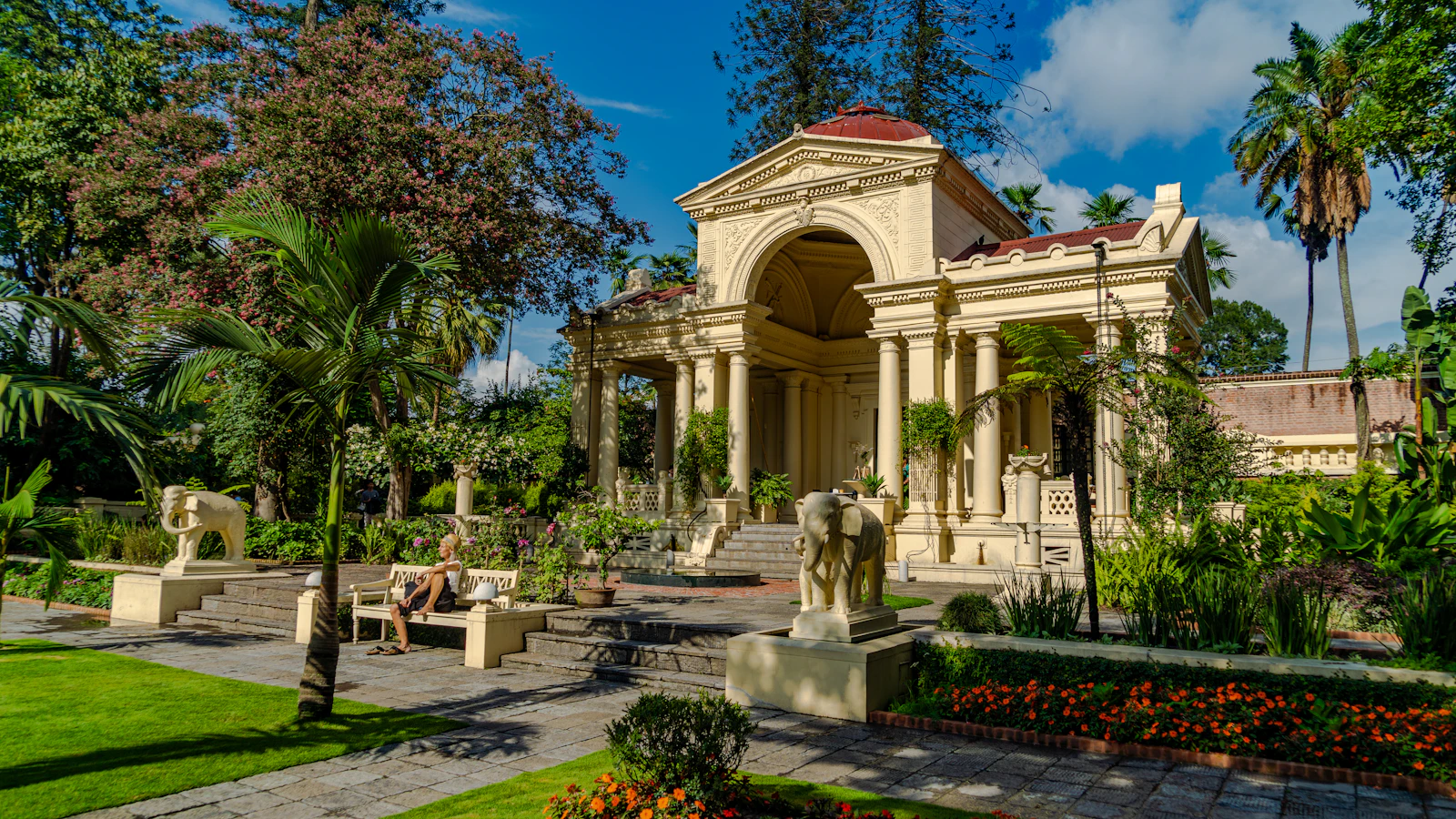 Neoclassical pavilion and stone elephants in Kathmandu's Garden of Dreams, laid out by Kaiser Shumsher Rana