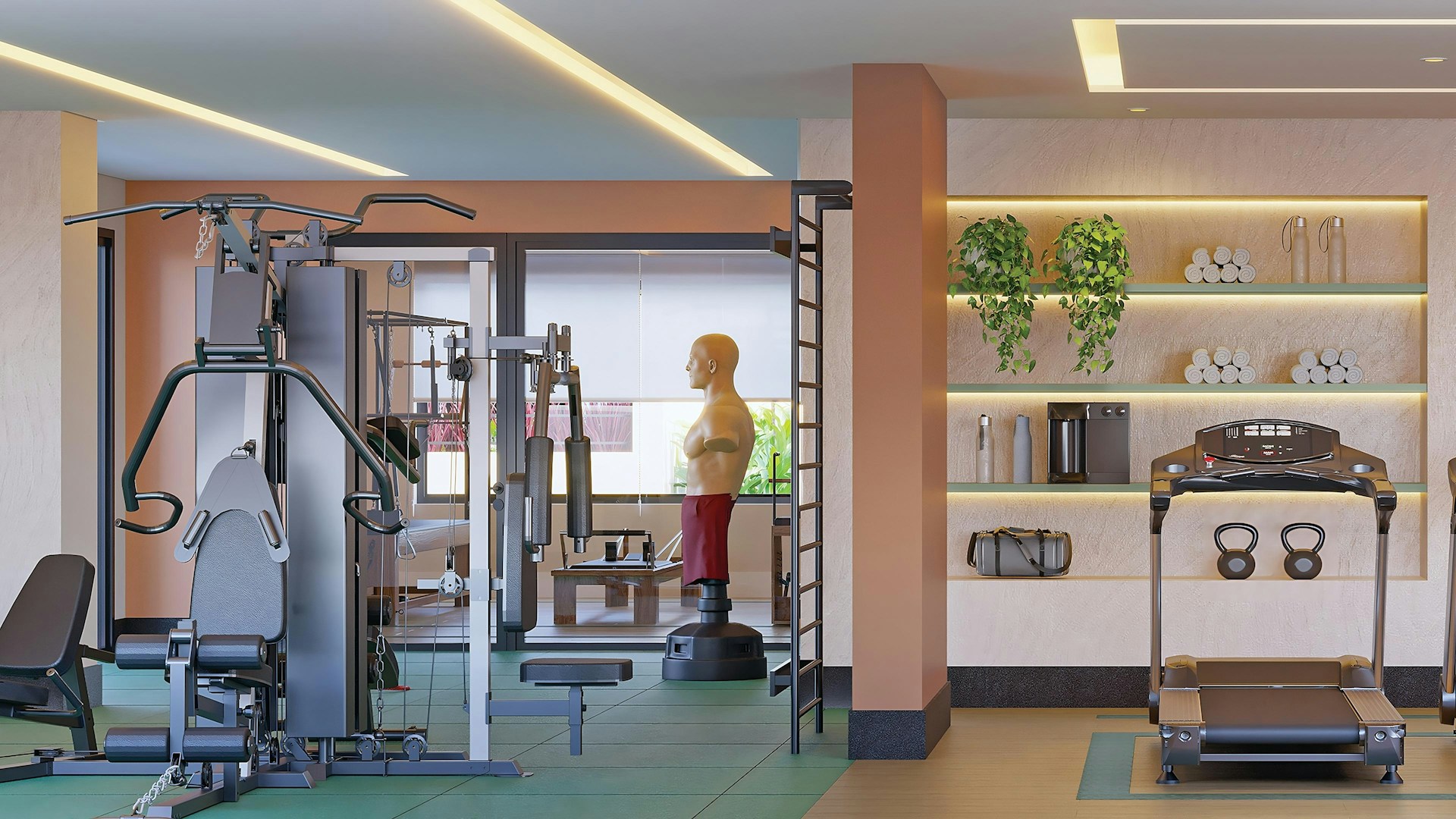 A gym with machines, treadmills, and other equipment