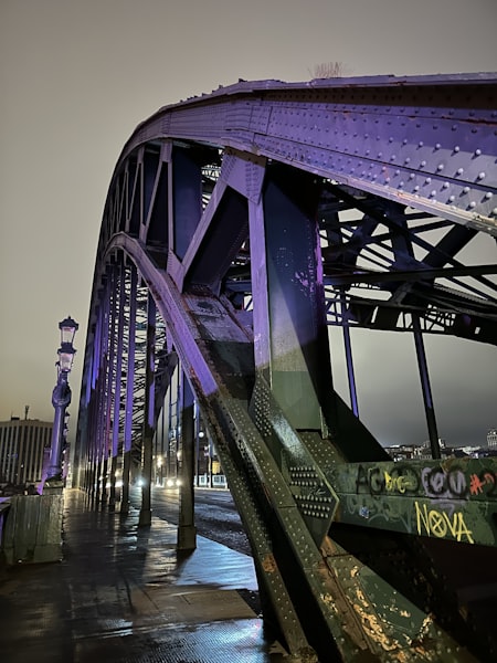 The Tyne Bridge illuminated at night in the rain