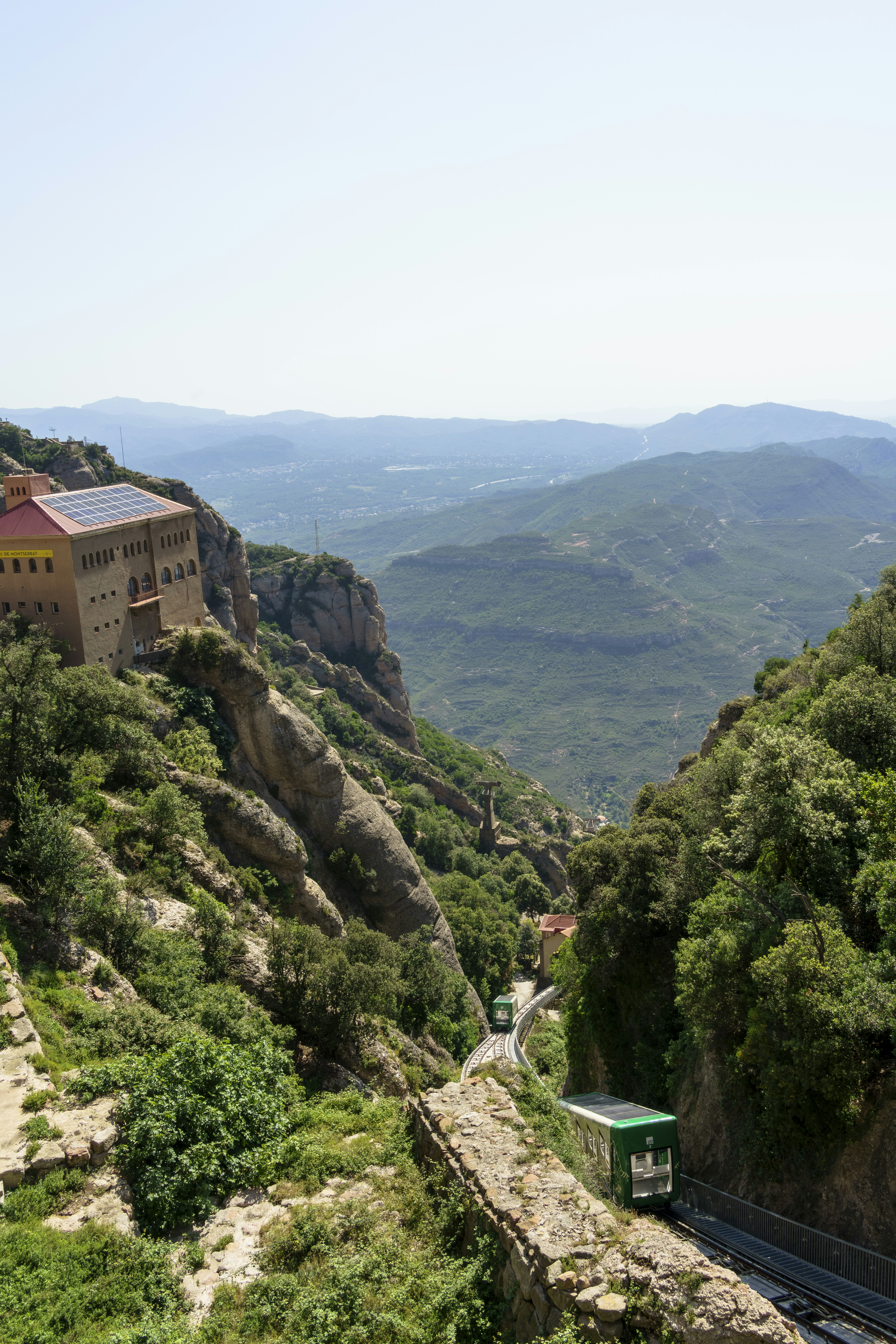A train traveling through a lush green hillside