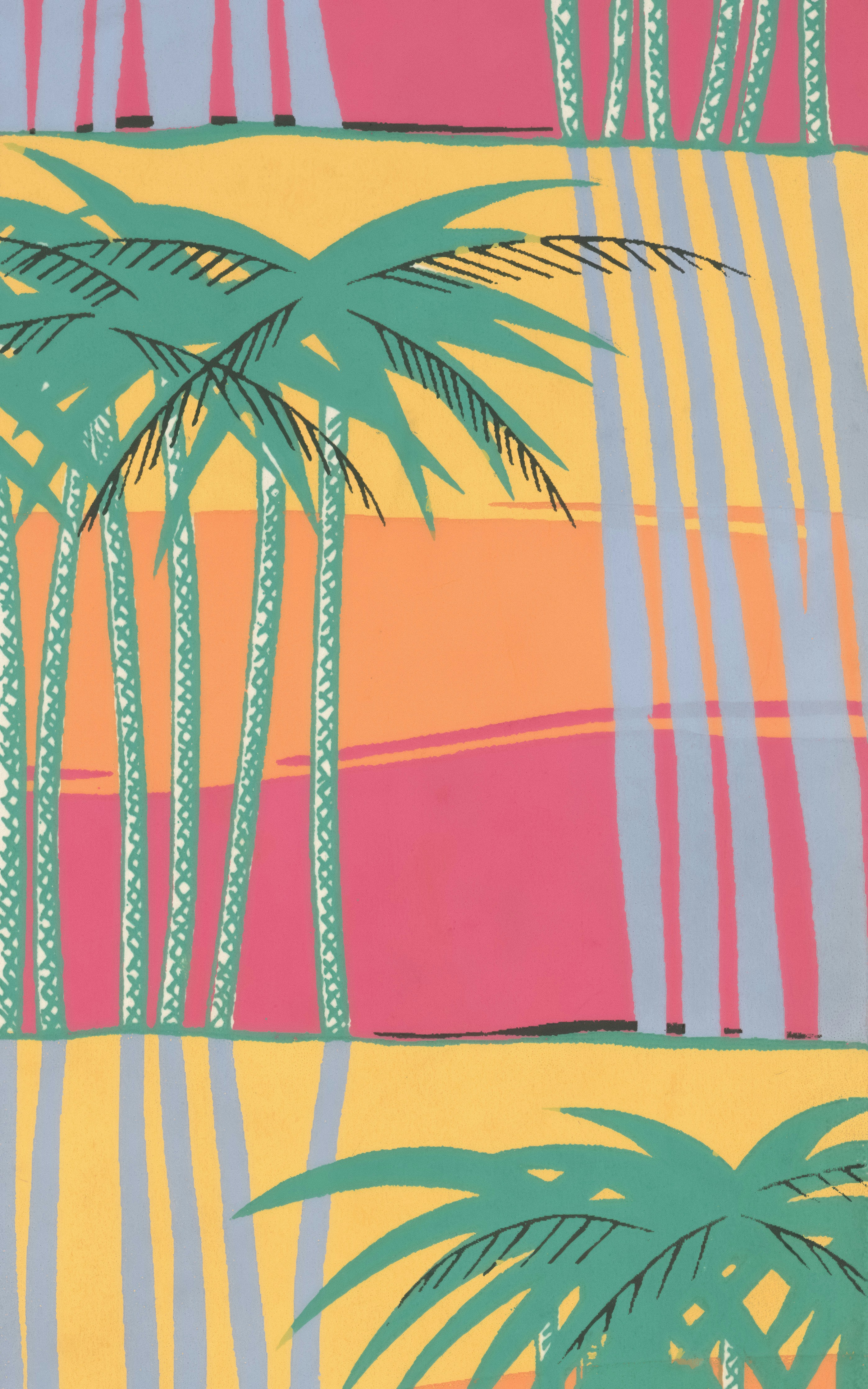 Stylized palm trees against a vibrant, colorful background