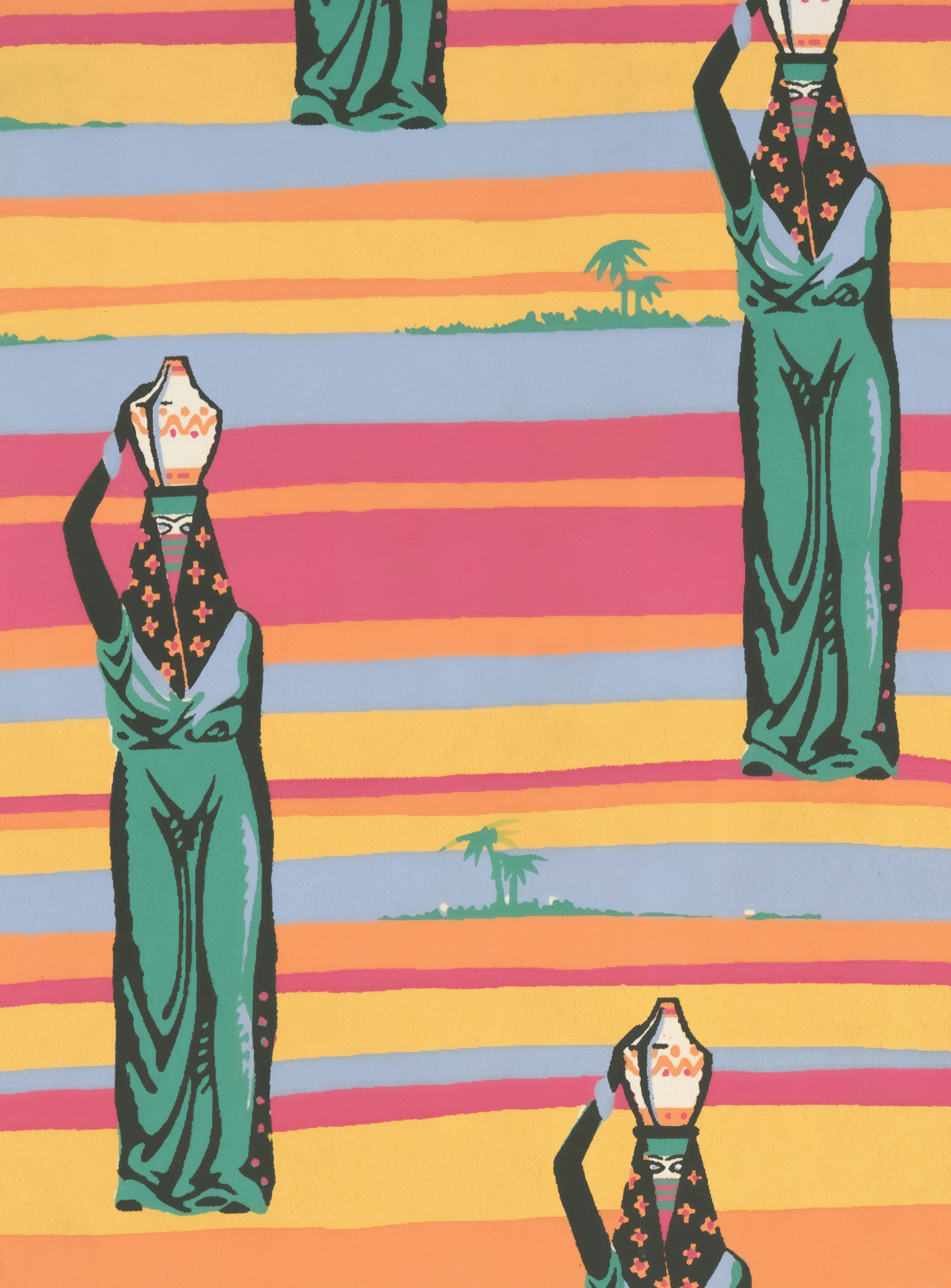 Pattern of women carrying water jugs with colorful stripes
