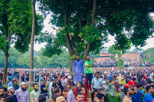 A large group of people standing around a park