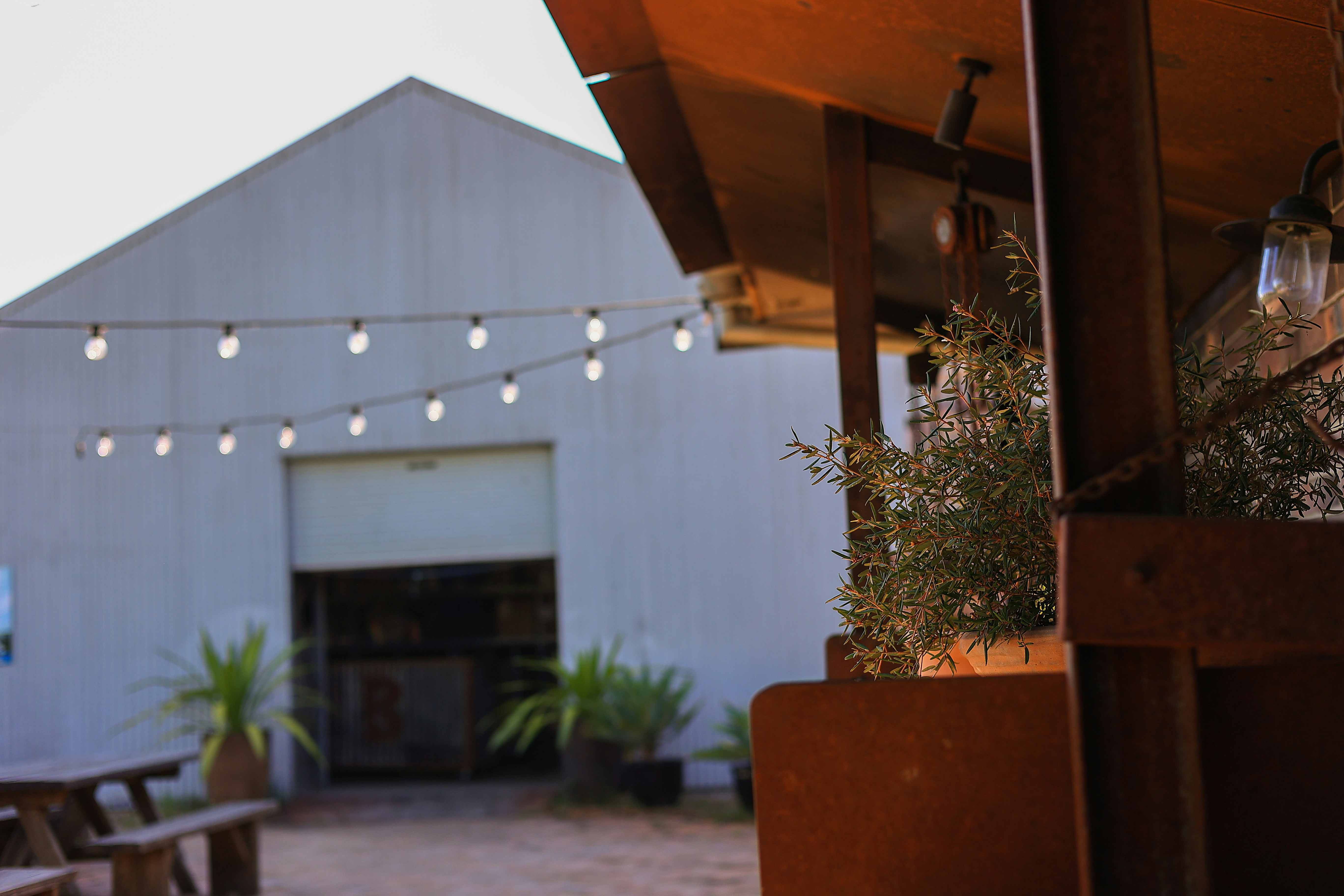 A building with a bunch of lights hanging from it's roof