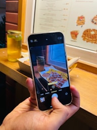 A person holding up a cell phone to take a picture of food