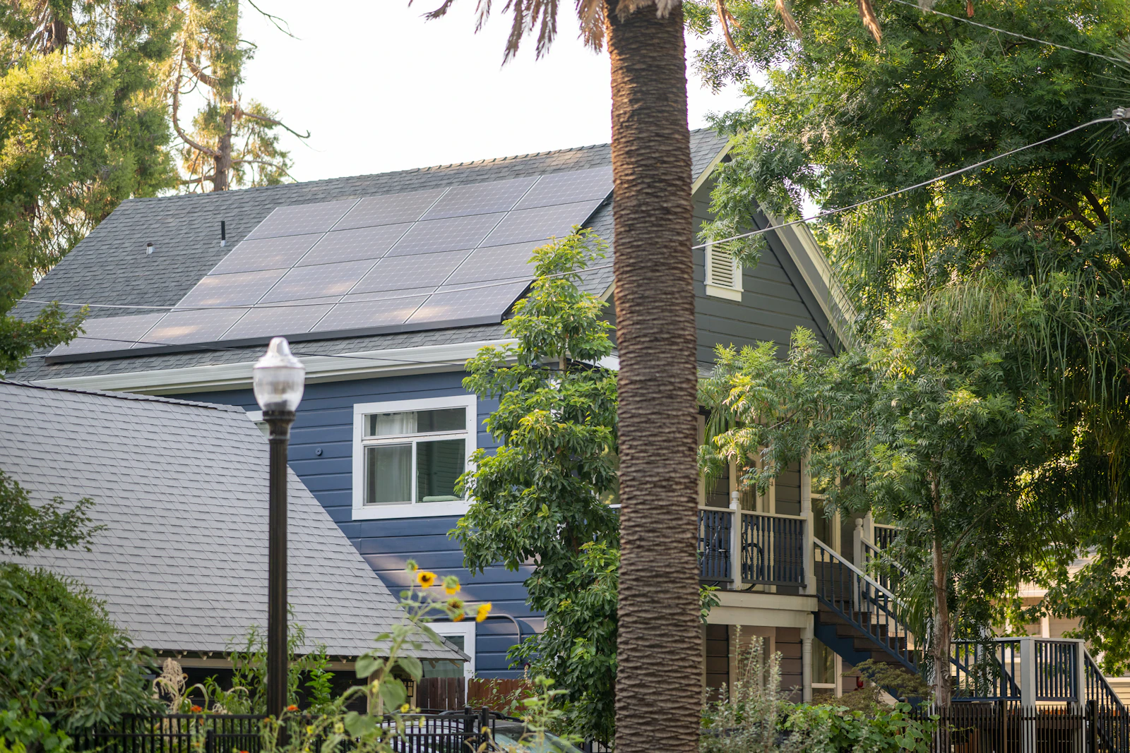 Blue single-family home surrounded by trees and plants