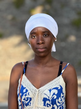A woman with a white turban on her head
