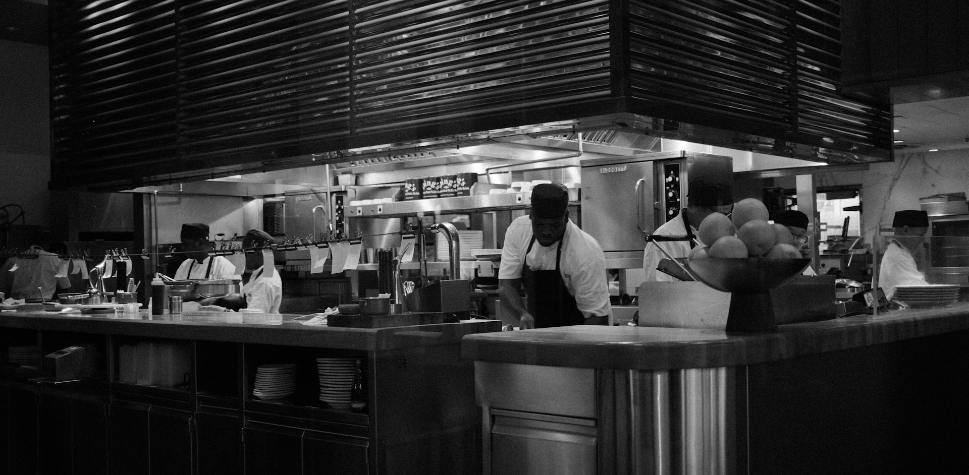 A black and white photo of a restaurant