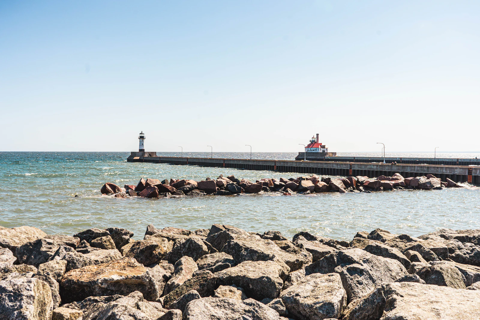 Rocky Lake Superior shoreline with Duluth scenery