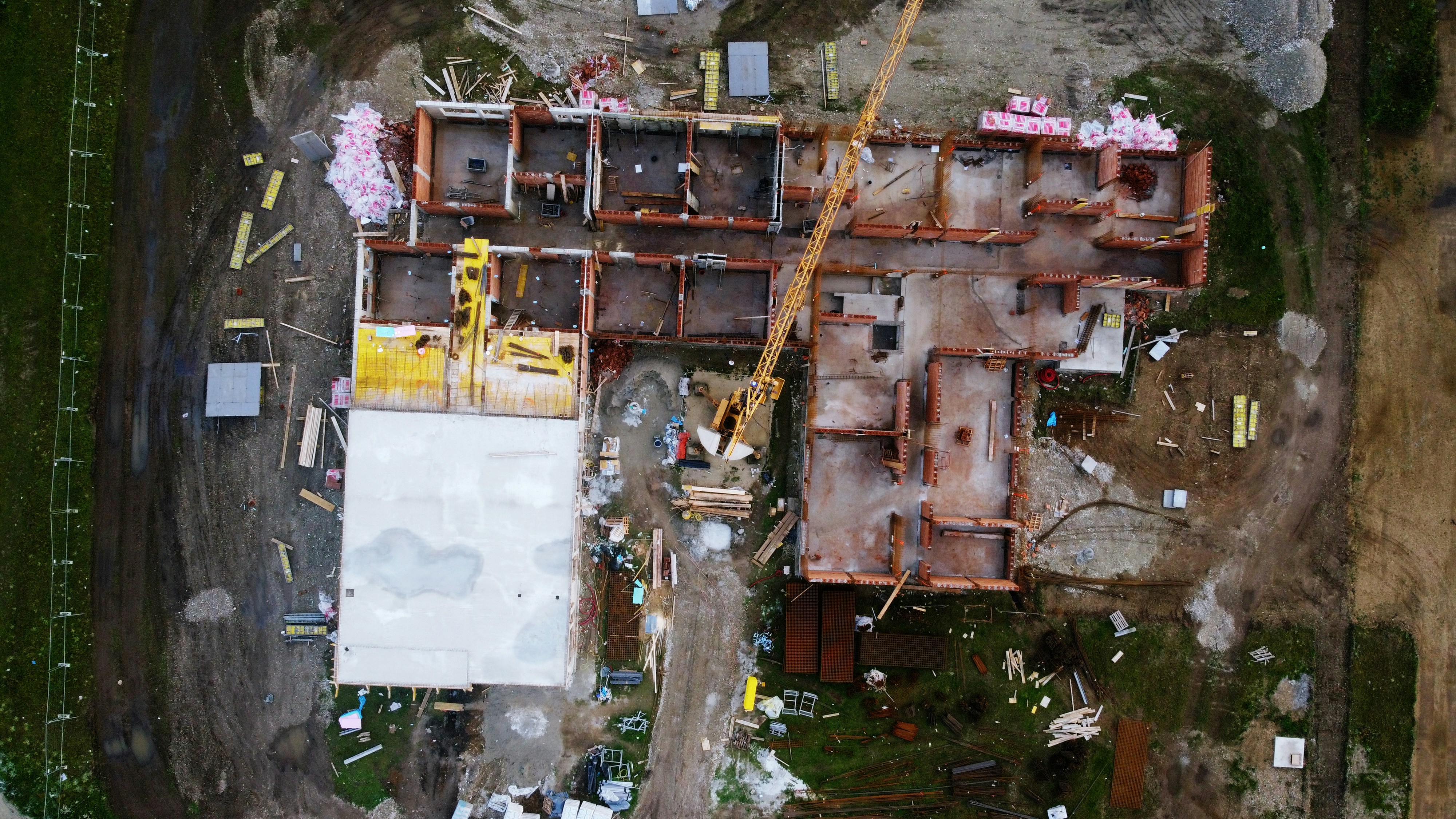 An aerial view of a building being built